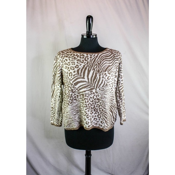 Alfred Dunner Animal Print Sweater White Tan Sequins Size L - Picture 1 of 5